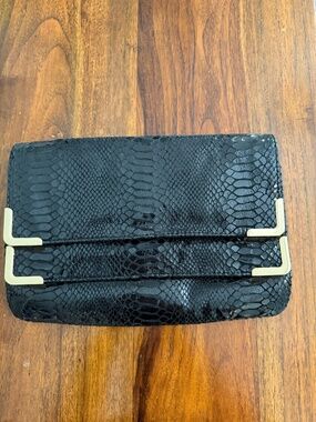 Michael Kors Black Snakeskin Embossed Envelope Clutch Gold Hardware